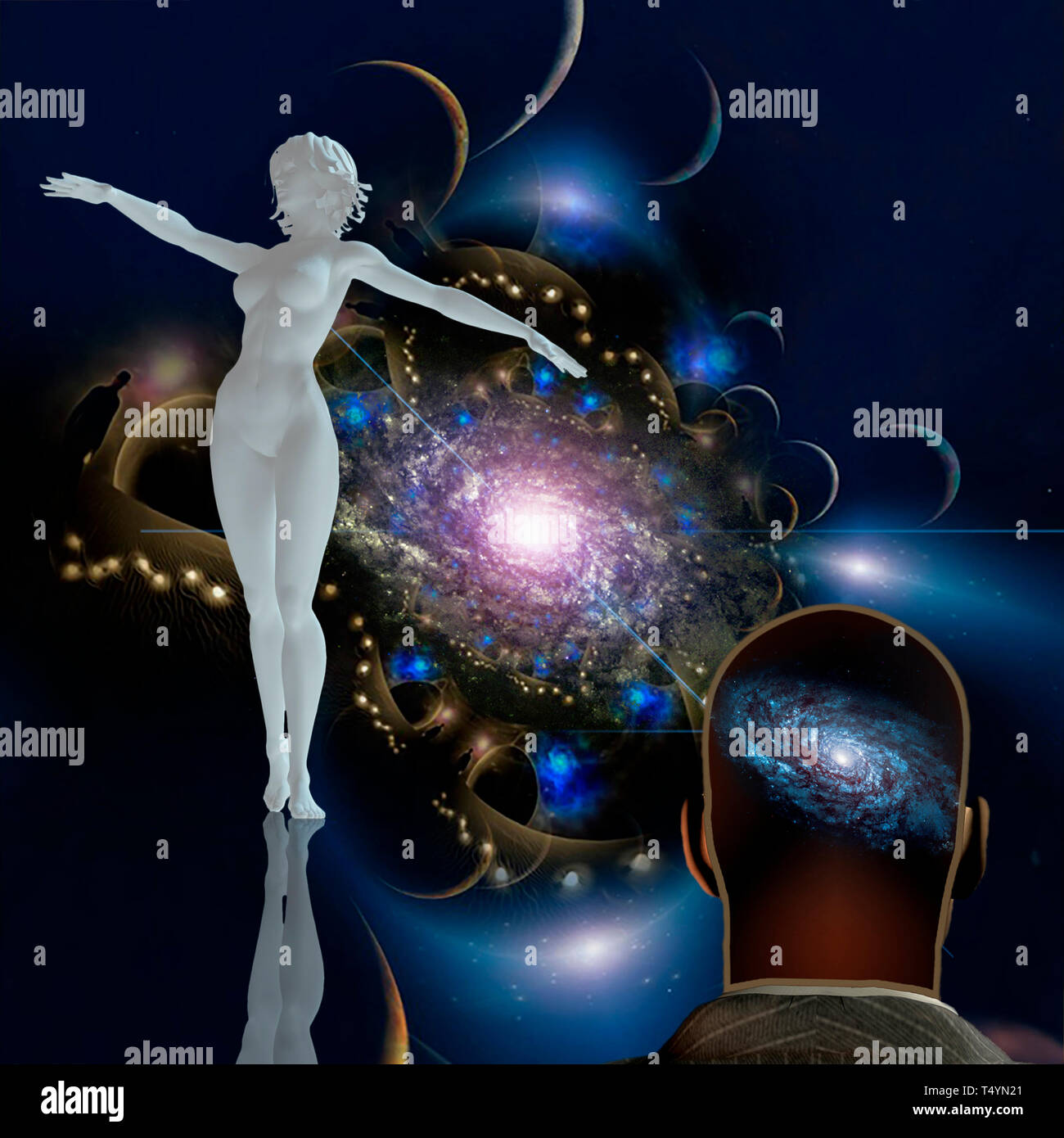 Donna graziosa statua nello spazio, l'uomo con galaxy in testa Foto Stock