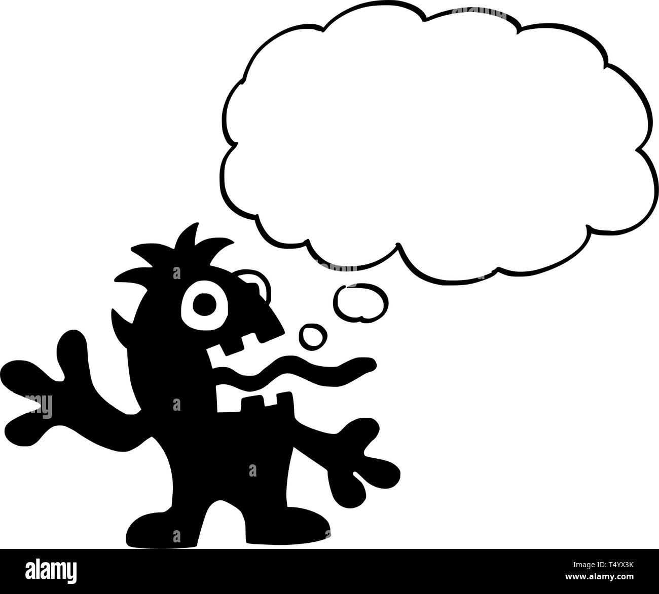 Disegno animato illustrazione concettuale di crazy nero piatto monster con un testo vuoto bolla o palloncino discorso pronto per il tuo testo. Illustrazione Vettoriale