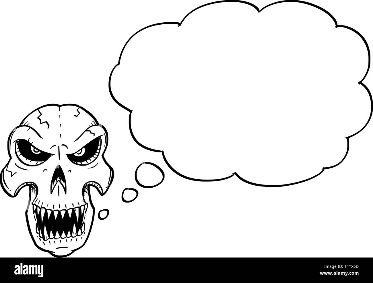 Disegno animato illustrazione concettuale di angry monster cranio con denti affilati cercando anteriore con un discorso di vuoti o bolle di testo o un palloncino. Illustrazione Vettoriale