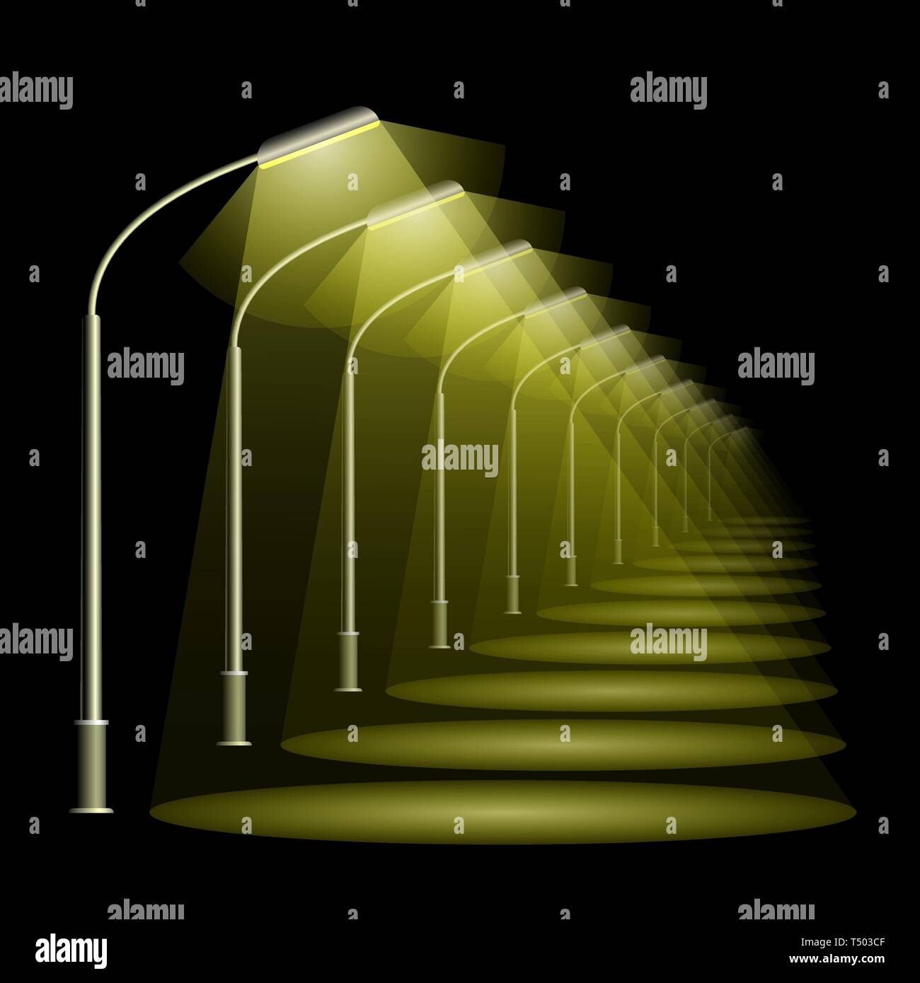 Una fila di lampade stradali in prospettiva. Nero notte di sfondo e calda luce lanterne. Illustrazione Vettoriale