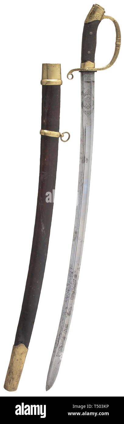 Un funzionario di shashka M 1909 con il fine di Sant Anna premiato per il coraggio. Una singola lama a bordo con gualchiere su entrambi i lati e tre scanalature aggiuntive. Le facce con inciso lo zar's cipher "N II" in un cartiglio con motivi floreali. Il lato di retromarcia con il russo aquila a due teste. Il Cirillico marchio del fabbricante 'Schaaf e figli - San Pietroburgo' con la doppia aquila sulla ricasso. Fuso a snodo in ottone-bow elsa con ornamenti floreali, il Cipher "N II" per Nicholas II, e l'incisione cirillico " per coraggio' su entrambi i lati. Il cirillico, Additional-Rights-Clearance-Info-Not-Available Foto Stock