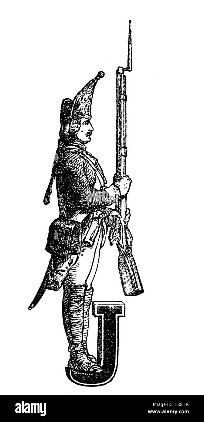 Tipografia: lettera maiuscola J con un soldato armato di baionetta Foto Stock