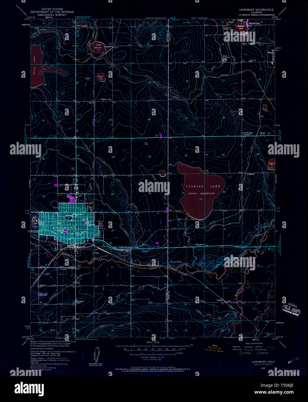 USGS mappa TOPO CO Colorado Longmont 233650 1950 24000 Restauro invertito Foto Stock