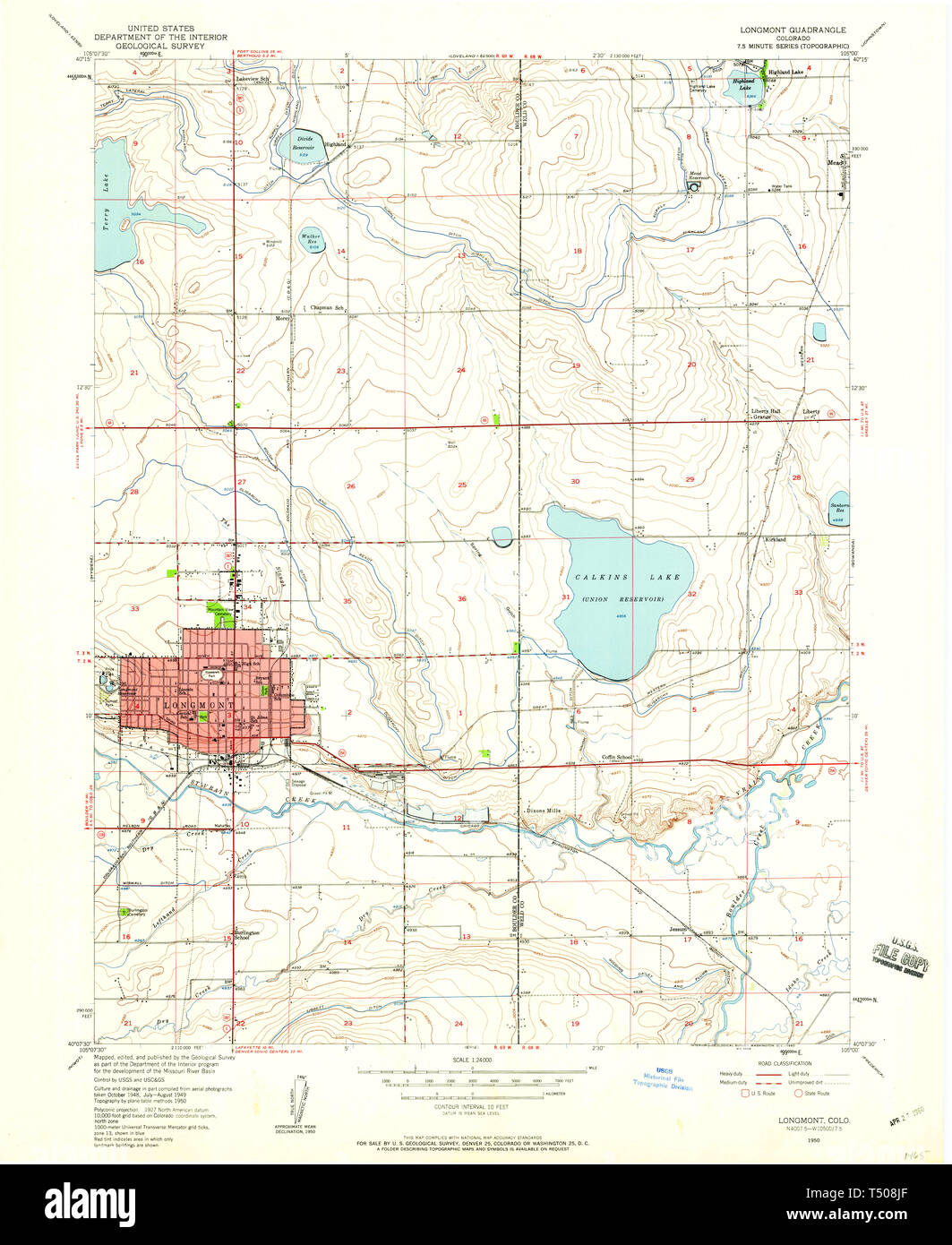 USGS mappa TOPO CO Colorado Longmont 233650 1950 24000 Restauro Foto Stock