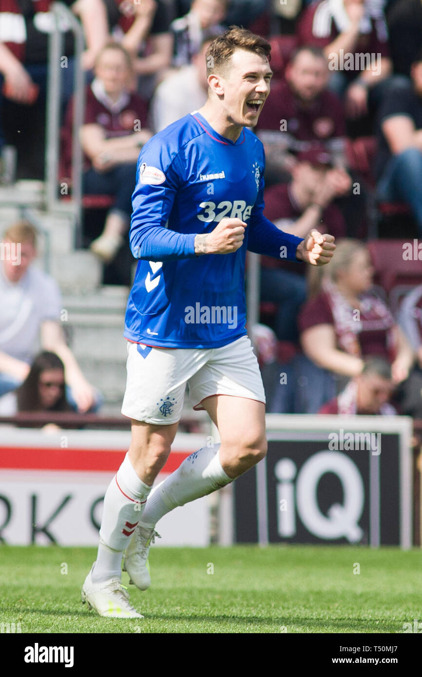 Edinburgh, Regno Unito. Xx Apr, 2019. Edinburgh, Regno Unito. Il 20 aprile 2019. Jack Ryan del Rangers celebra il suo punteggio del team secondo obiettivo durante la Ladbrokes Premiership match tra i cuori e i Rangers a Tynecastle Park il 20 aprile 2019 in Edinbugh, UK. Credito: Scottish Borders Media/Alamy Live News Foto Stock