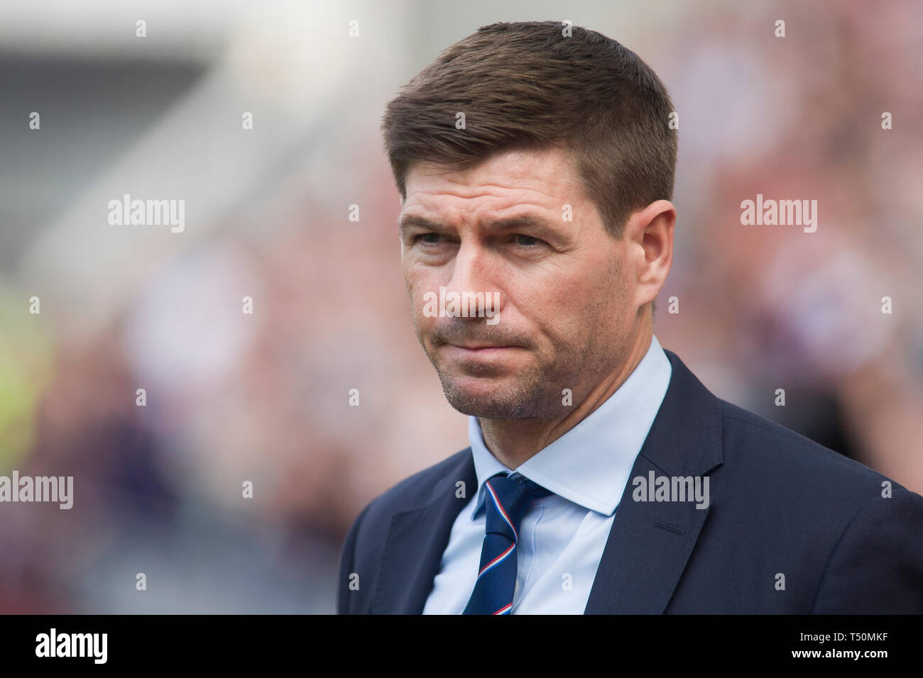 Edinburgh, Regno Unito. Il 20 aprile 2019. Rangers Manager Steven Gerrard durante la Ladbrokes Premiership match tra i cuori e i Rangers a Tynecastle Park il 20 aprile 2019 in Edinbugh, UK. Credito: Scottish Borders Media/Alamy Live News Foto Stock
