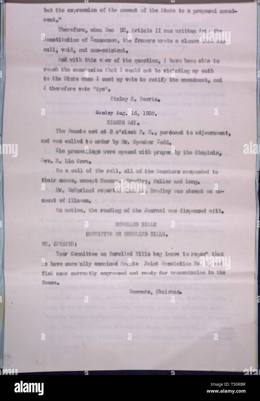 Pagina dodici del certificato di ratifica del diciannovesimo Emendamento della Costituzione, insieme con la risoluzione e la trascrizione dei perni di banco di due case della Assemblea Generale dello Stato del Tennessee, 24 agosto 1920. Immagine cortesia archivi nazionali. () Foto Stock