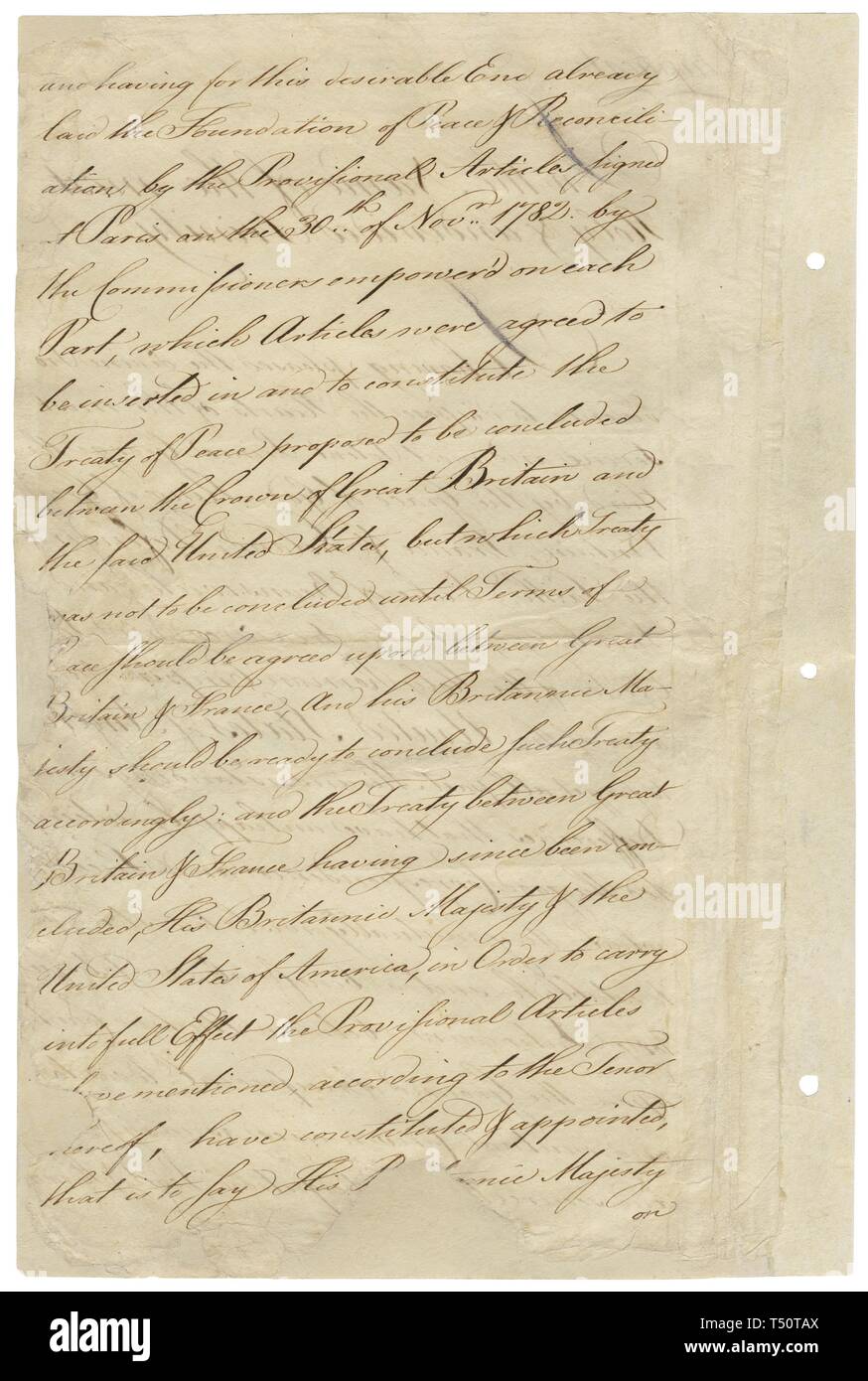 Il trattato di Parigi, inviato al Congresso dai negoziatori americani John Adams, Benjamin Franklin e John Jay, formalmente si è conclusa la guerra rivoluzionaria, 1783. Immagine cortesia archivi nazionali. () Foto Stock