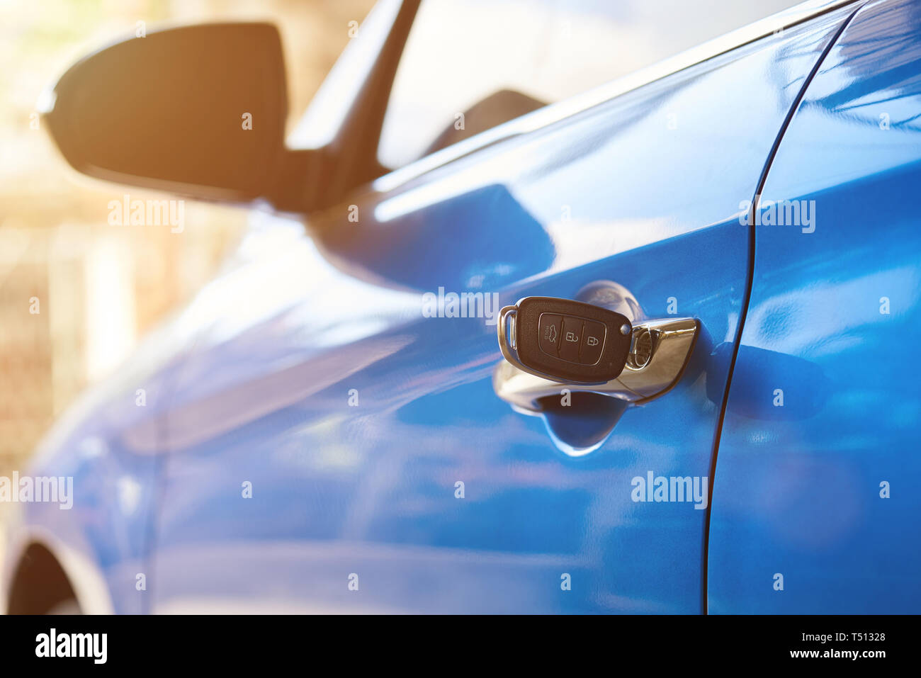 Argento manico del veicolo con il tasto close-up sulla giornata di sole in background Foto Stock