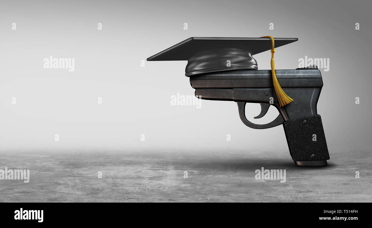 Gli insegnanti armati questione sociale come una pistola che indossa una graduazione mortarboard come un simbolo per la sicurezza nelle scuole armati di pistole come 3D'illustrazione. Foto Stock
