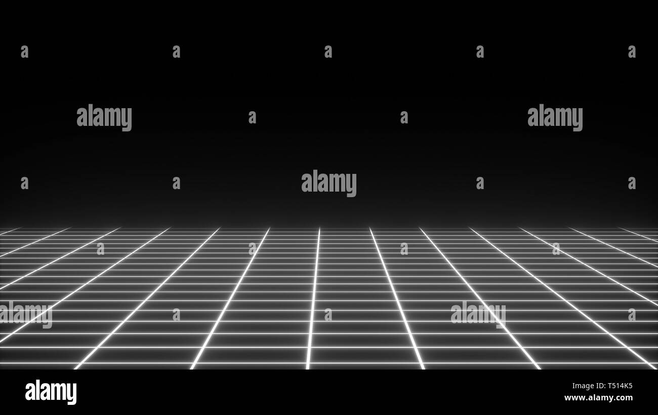 Neon retrò griglia semplice nel buio spazio, superficie piana, 3d rendering computer sfondo generato Foto Stock