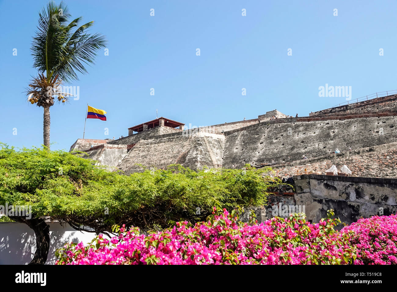 Cartagena Colombia,Castillo de San Felipe de Barajas,collina di San Lazaro,storico castello coloniale fortezza,Patrimonio dell'Umanità,esterno,bandiera,fiori,COL19 Foto Stock