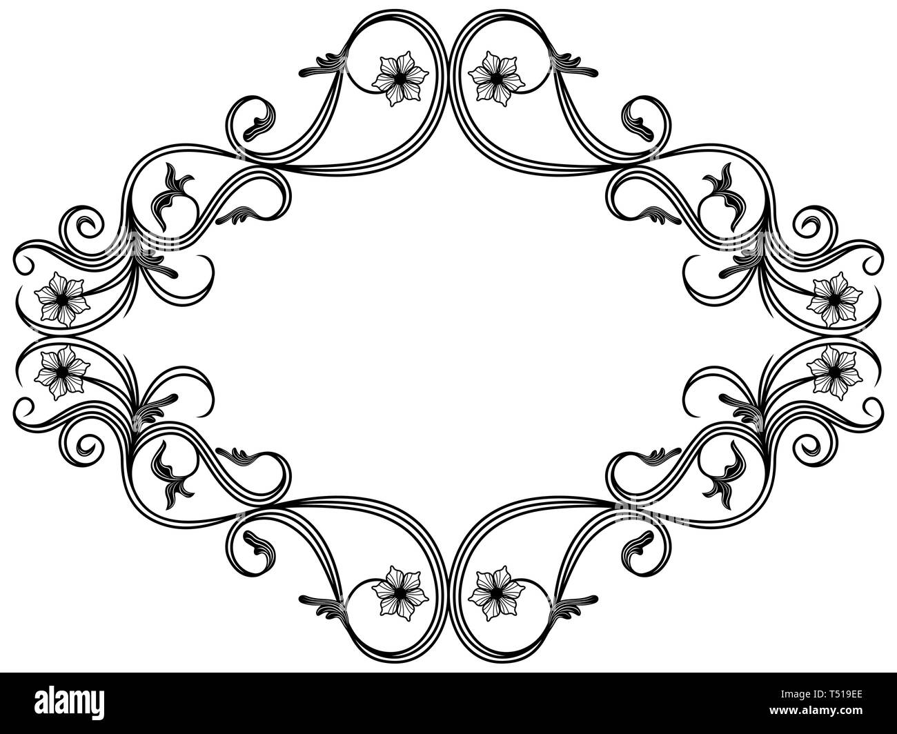 Delicati decorativi cornice floreale con linee intrecciate di stile vittoriano isolato su uno sfondo bianco, vettore come un elemento di design Illustrazione Vettoriale