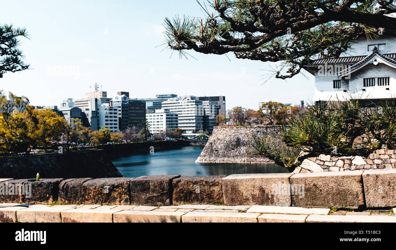 La parete e l'acqua intorno al Castello di Osaka in Giappone Foto Stock