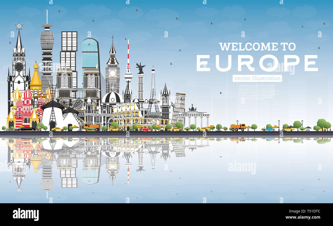 Benvenuti a Europa Skyline con edifici grigi e cielo blu. Illustrazione Vettoriale. Il concetto di turismo con architettura storica. Paesaggio urbano in Europa. Illustrazione Vettoriale