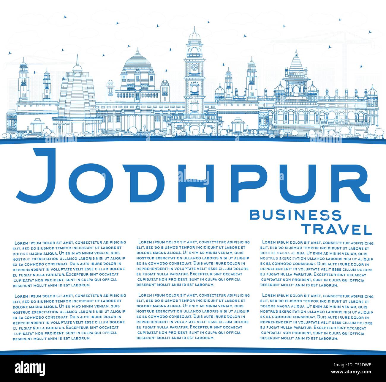 Delineare Jodhpur India skyline della città con edifici blu e copia di spazio. Illustrazione Vettoriale. Viaggi di lavoro e di concetto con architettura storica. Illustrazione Vettoriale