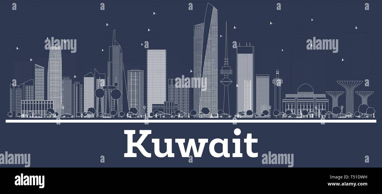 Delineare il Kuwait City Skyline con edifici bianchi. Illustrazione Vettoriale. Viaggi di lavoro e di concetto con architettura moderna. Paesaggio urbano in Kuwait. Illustrazione Vettoriale