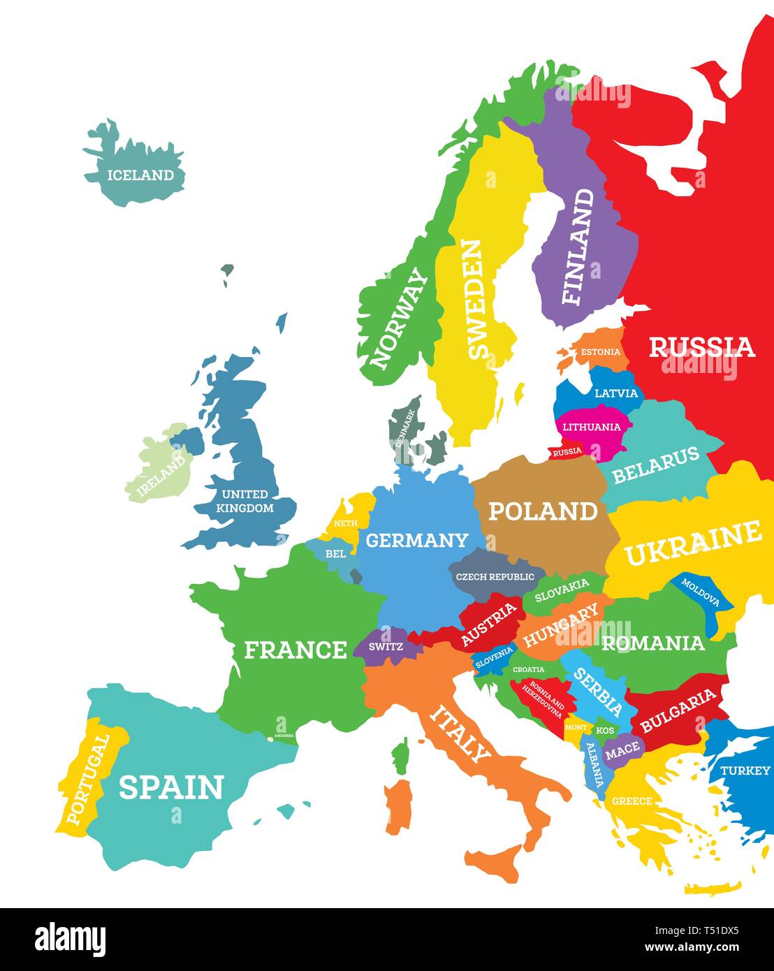 Mappa politica del continente Europa isolata su bianco. Illustrazione Vettoriale. Nome del paese etichette. Illustrazione Vettoriale