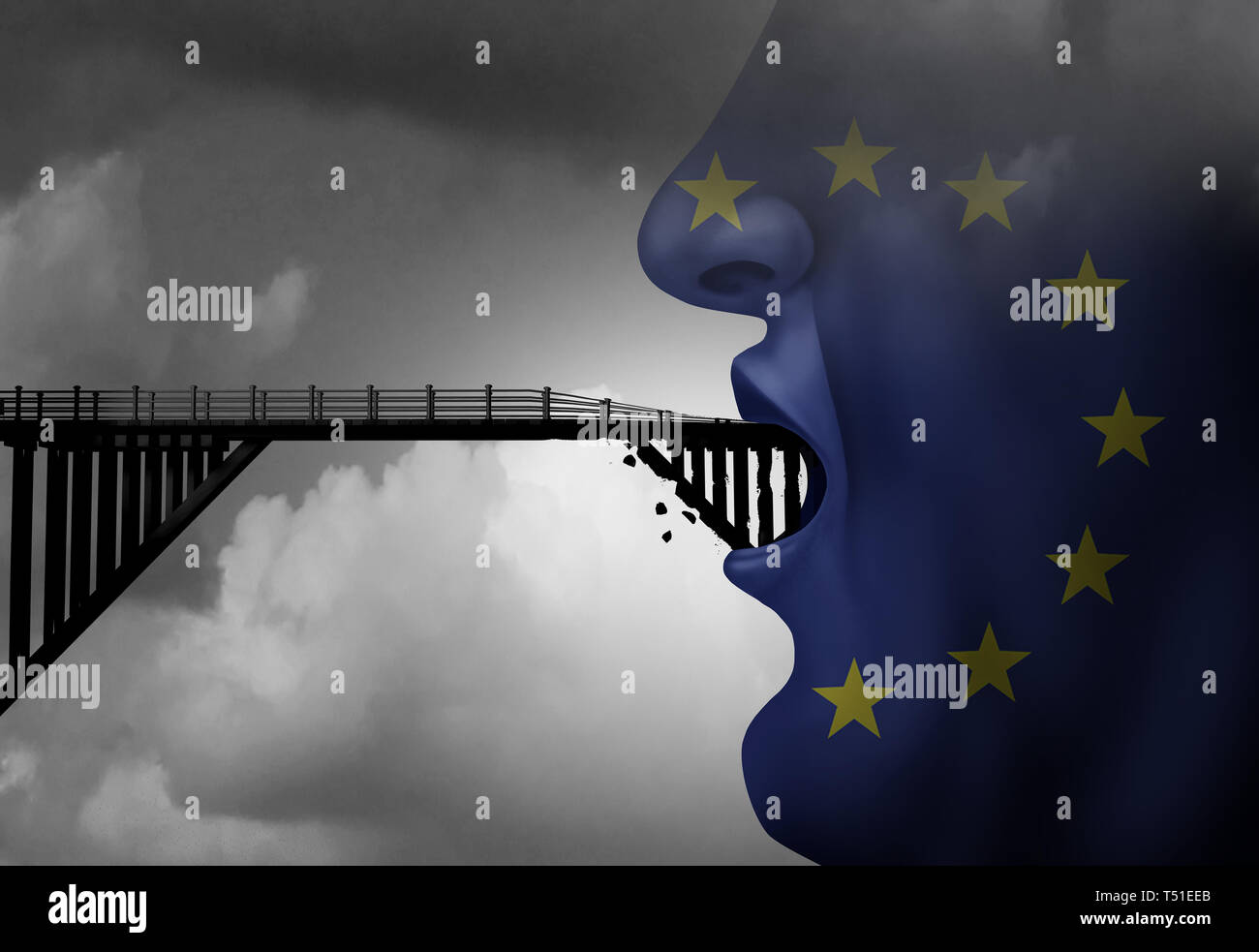 Europa divieto di immigrazione concetto mostra europei con una bocca chiusa bloccando un ponte come un viaggio metafora di restrizione per il viaggio di Euro. Foto Stock