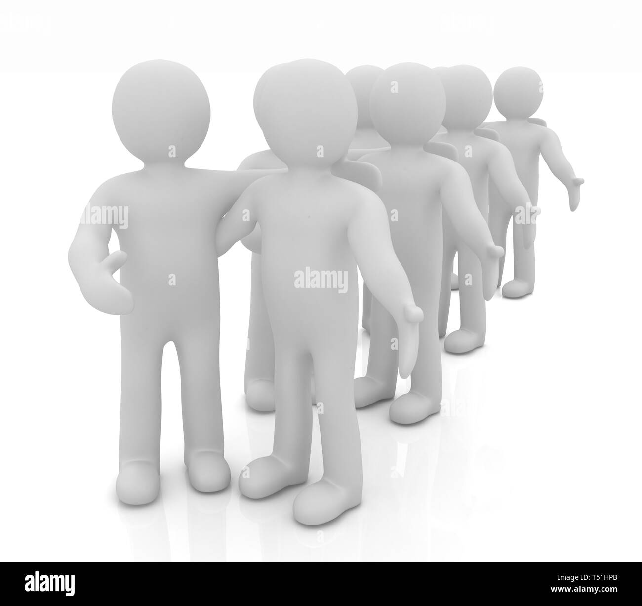 Amici in piedi accanto a un abbraccio e sollevato la mano per il messaggio di saluto. Immagine 3d. Isolato sullo sfondo bianco. Foto Stock