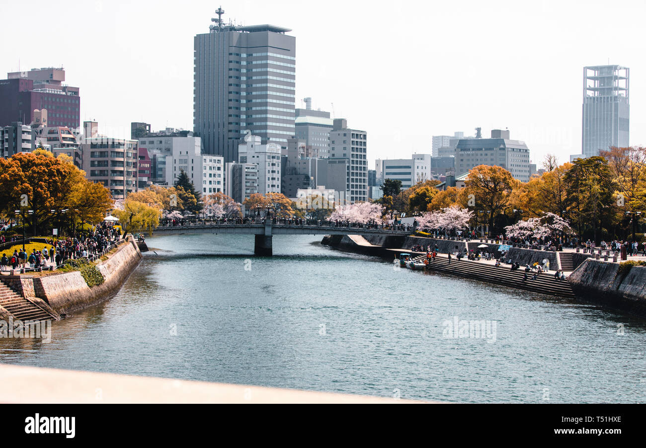 Riverside al Memoriale della Pace di Hiroshima, Giappone durante la fioritura dei ciliegi stagione Foto Stock