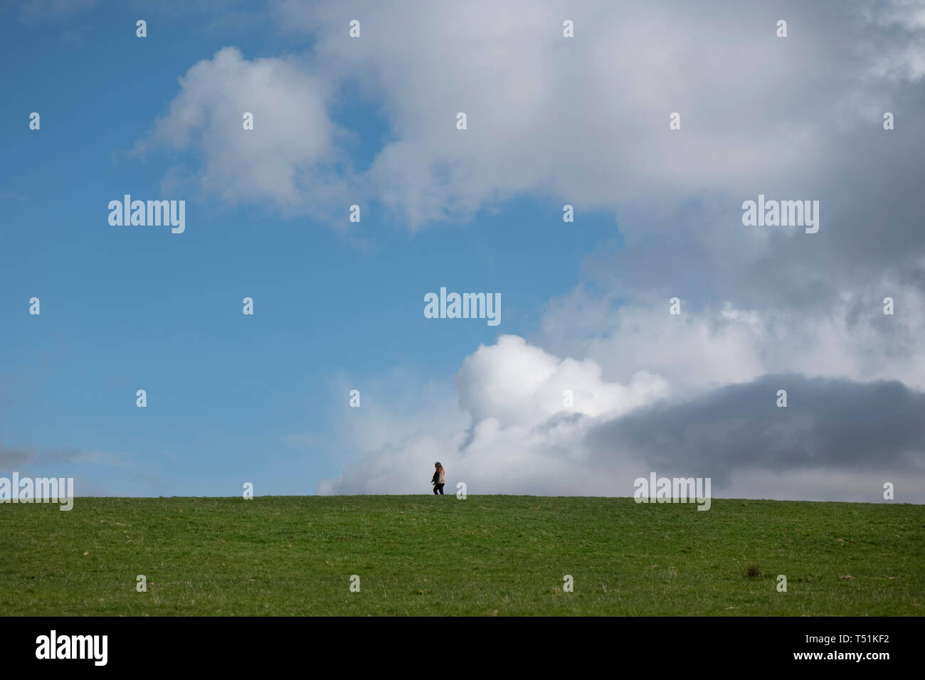 Una donna sola passeggiate attraverso il parco di Crow, Keswick, Lake District, UK. Foto Stock