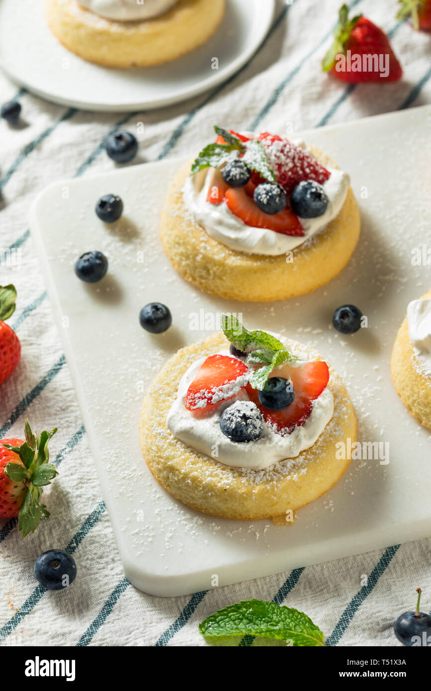 In casa Mini Pan di Spagna coppe con frutta fresca e panna montata Foto Stock