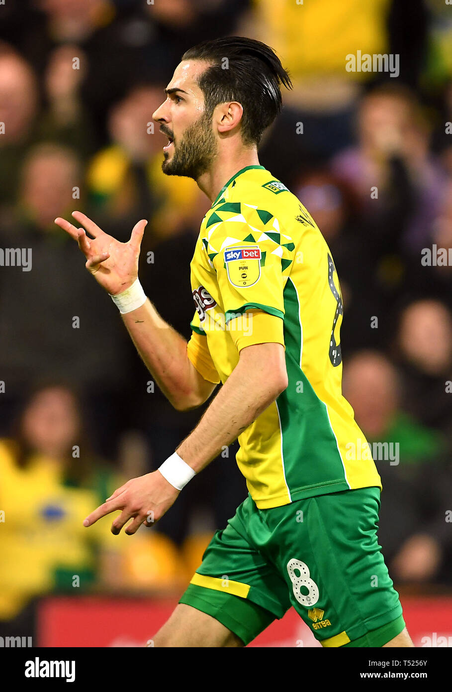 Norwich City's Mario Vrancic punteggio celebra il suo lato il secondo obiettivo del gioco durante il cielo di scommessa match del campionato a Carrow Road, Norwich. Foto Stock