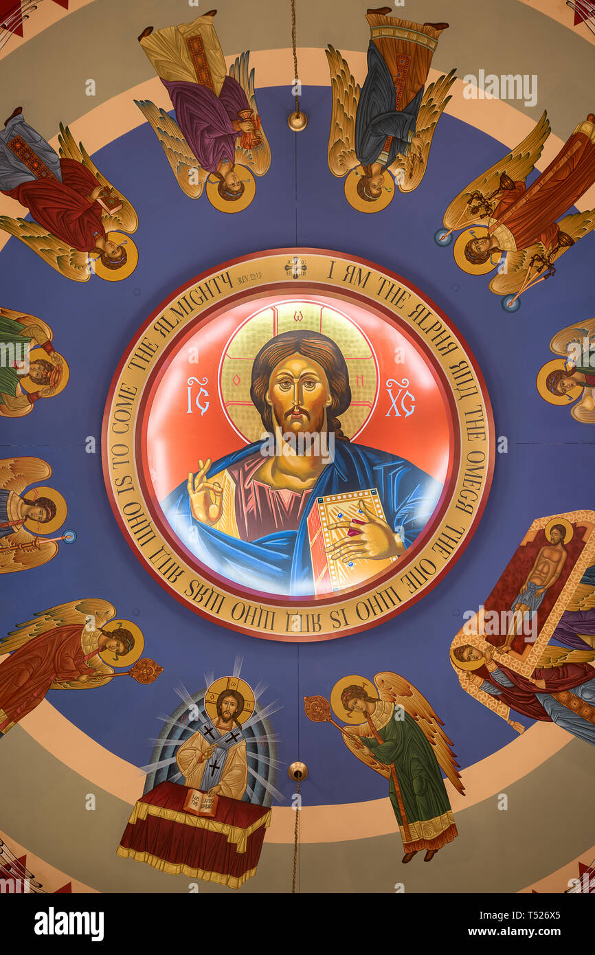 Murales sul soffitto dell'annunciazione cattolica bizantina chiesa a 14610 S. faranno cuocere Road a Homer Glen, Illinois Foto Stock