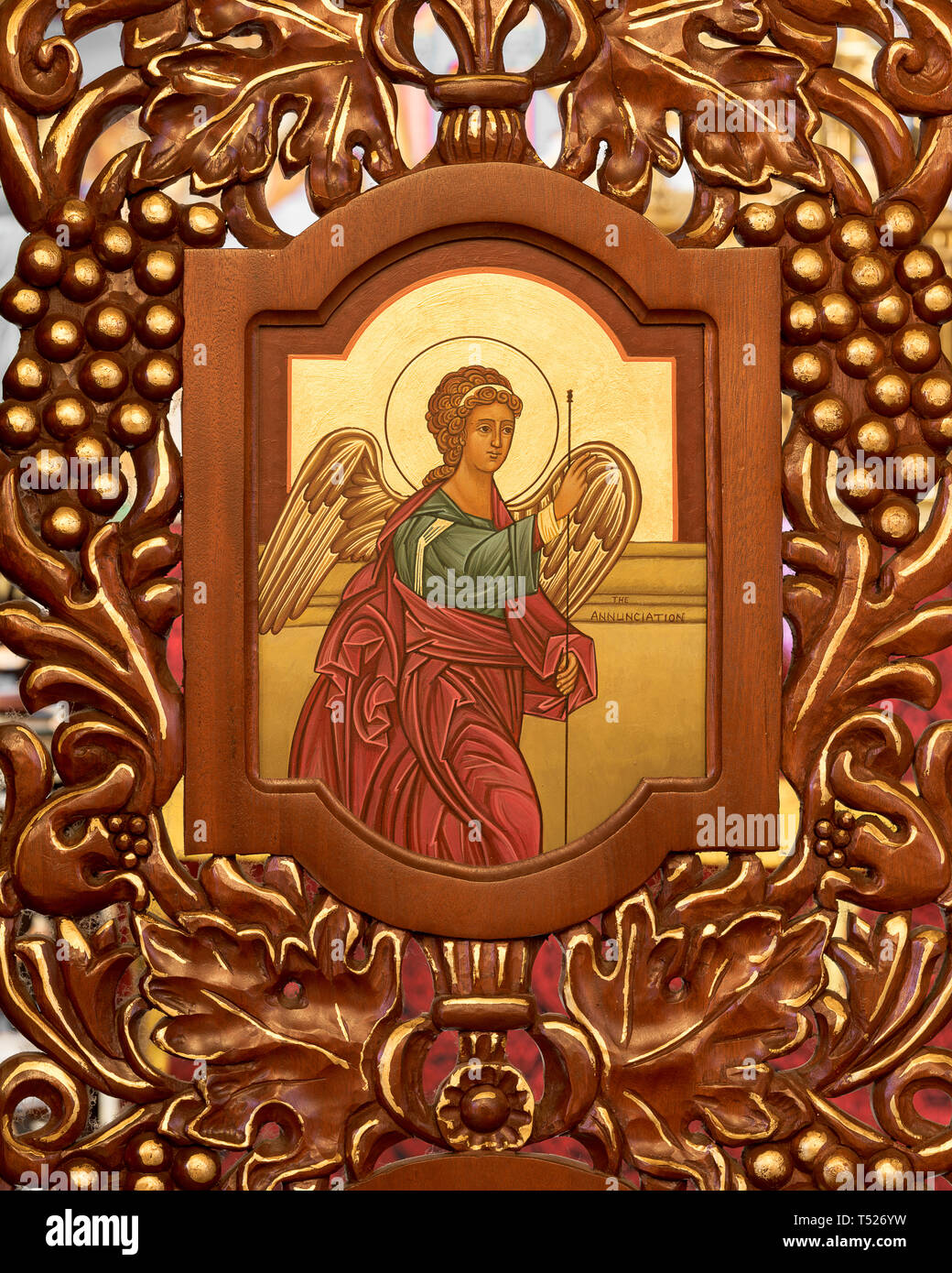 Artwork e intricati lavori in legno all'interno dell'annunciazione cattolica bizantina chiesa di Homer Glen, Illinois Foto Stock
