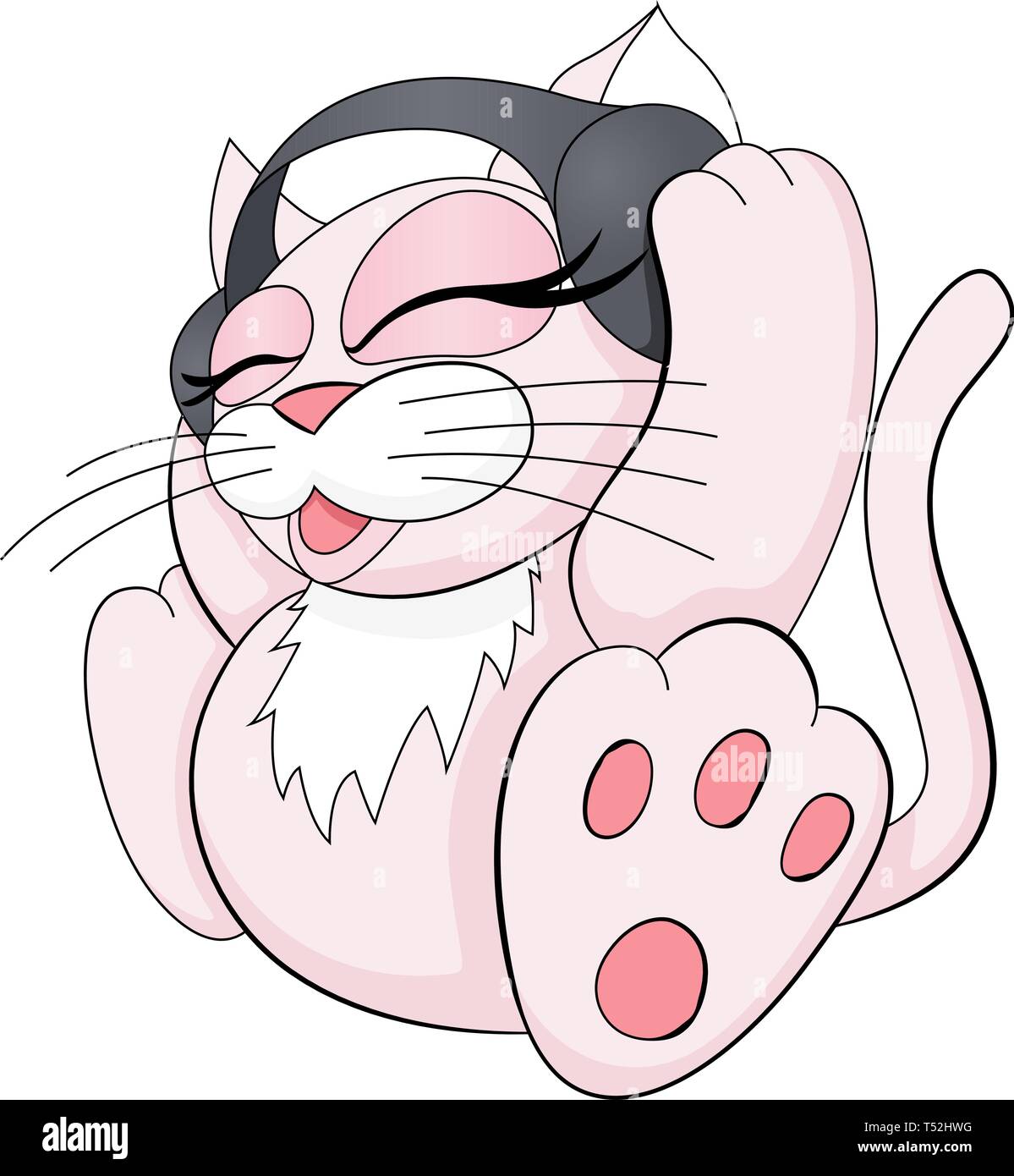 Carino e adorabile gatto colorato con le cuffie per ascoltare musica Illustrazione Vettoriale