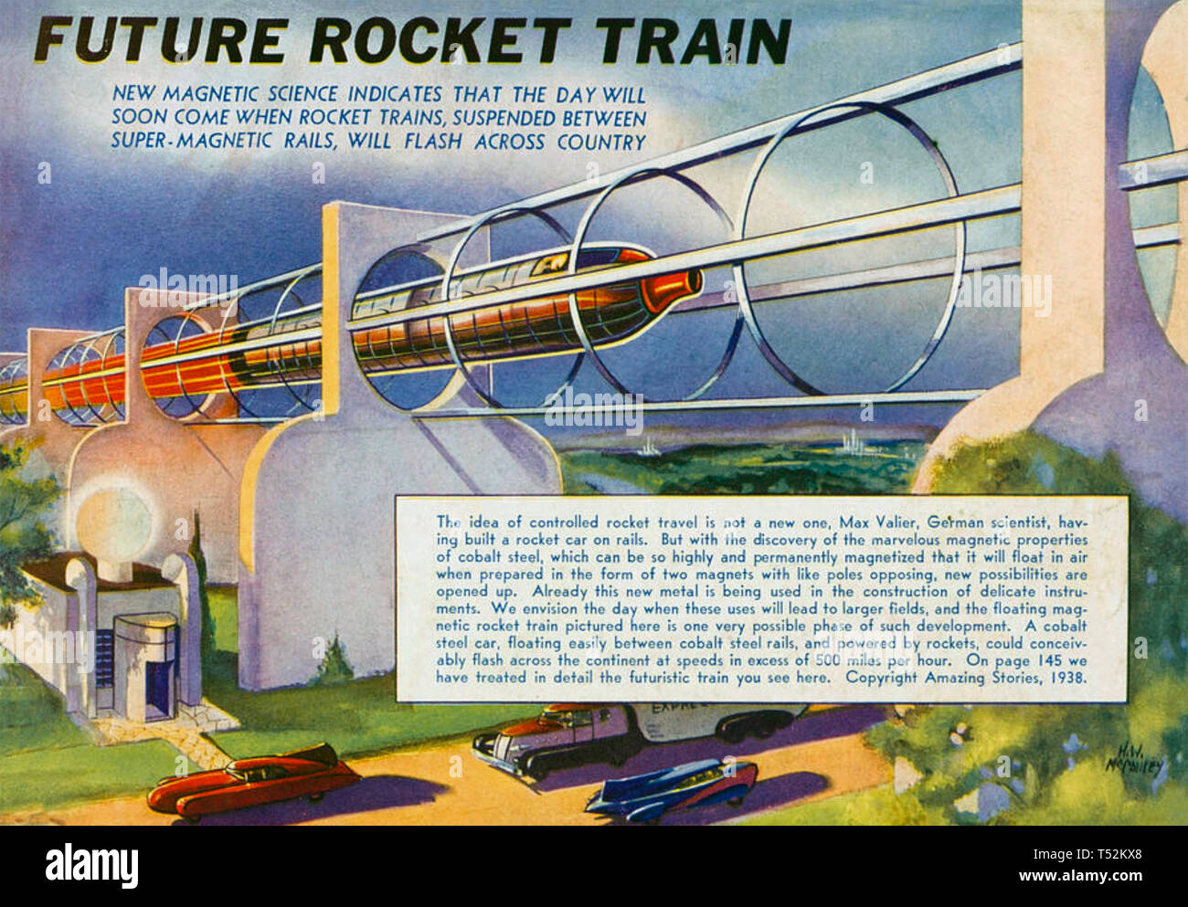 Treno a razzo come previsto in un problema di 1938 della rivista americana storie sorprendenti Foto Stock