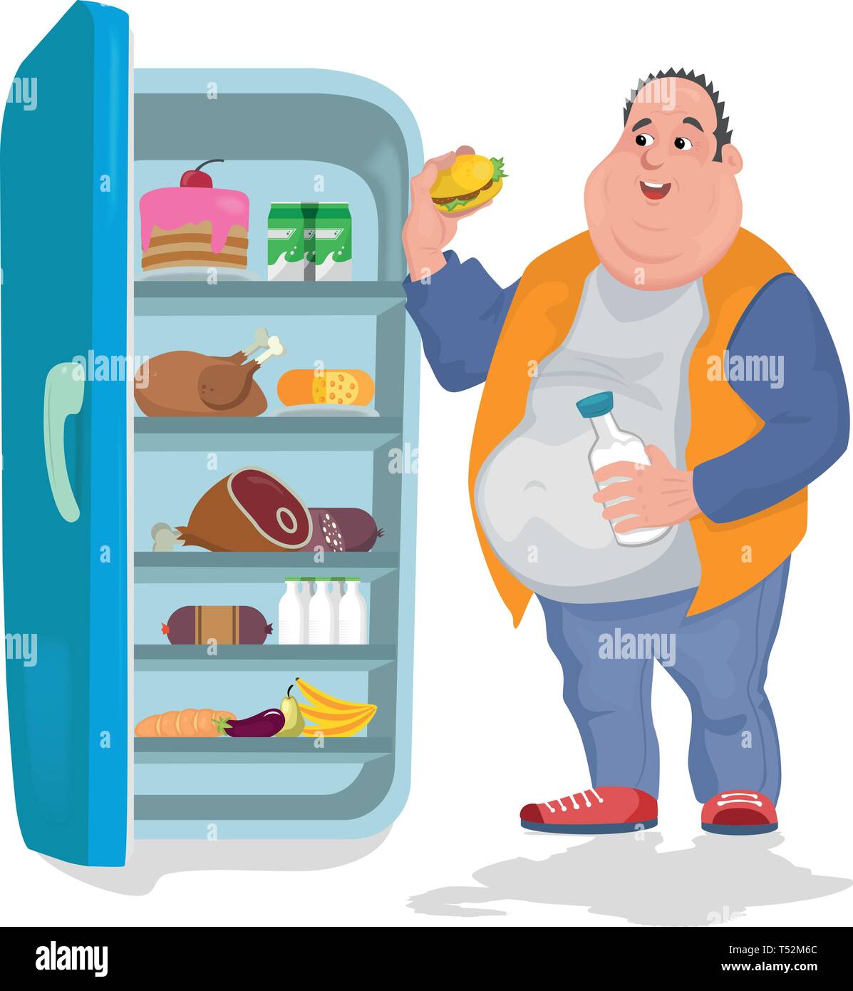 Il grasso uomo mangia un hamburger in un frigorifero aperto in cui ci sono  molti alimenti Immagine e Vettoriale - Alamy
