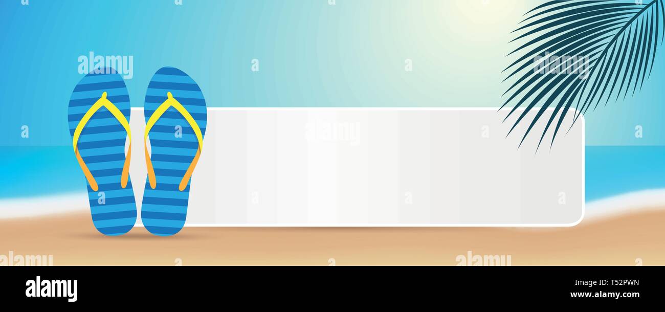 Blue flip flop in estate sulla spiaggia con foglie di palma e lo spazio per il vostro messaggio illustrazione vettoriale EPS10 Illustrazione Vettoriale