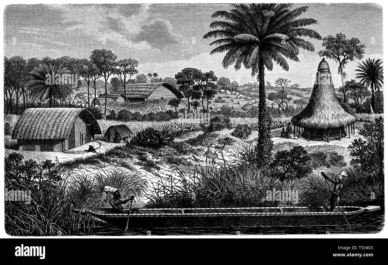 Villaggio di Mangbatta sul Nilo superiore, G[ustav][M] ützel 1897 Foto Stock