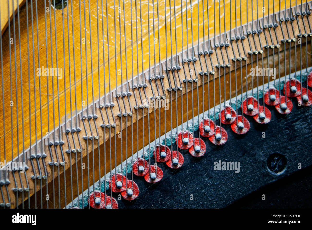 Stringa di meccanismo di tensionamento in un vecchio pianoforte retrò. Tecnologia del suono. Profondità di campo. Primo piano. Foto Stock