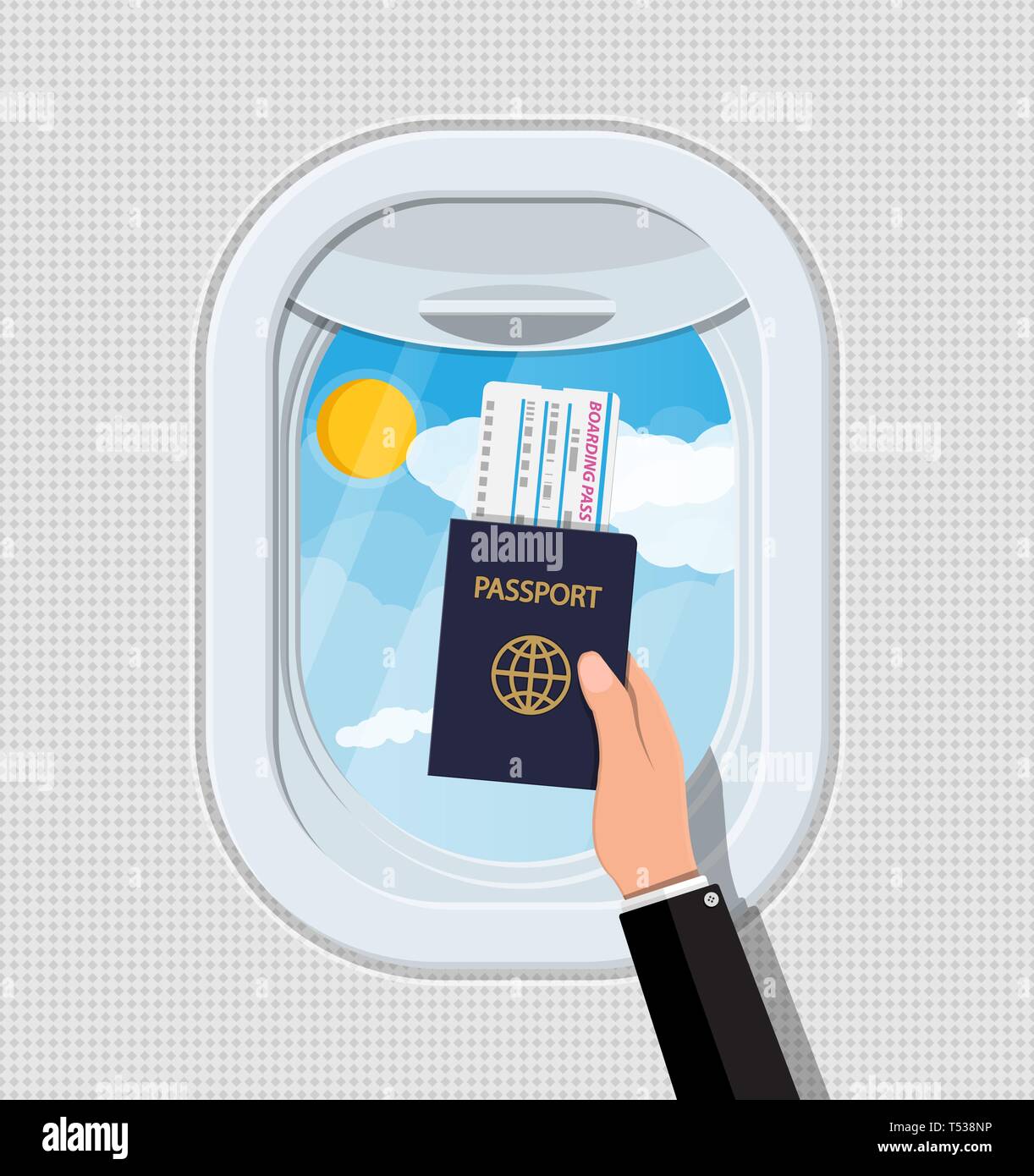 Finestra dall'interno del velivolo. Mano con passaporto e biglietto. Aeromobile oblò otturatore. Aeromobile oblò otturatore. Cielo, sole e nuvole. Viaggio in aereo Illustrazione Vettoriale