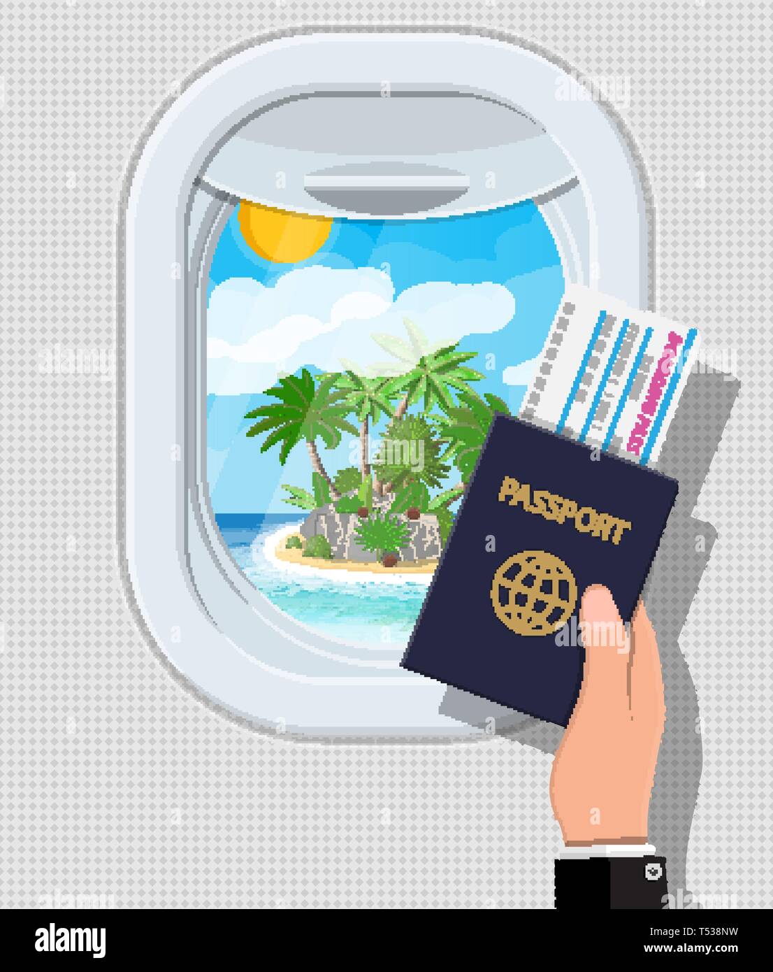 Finestra dall'interno del velivolo. Mano con passaporto e biglietto. Aeromobile oblò otturatore. Isola tropicale con Palm tree in oceano. Viaggio aereo o vac Illustrazione Vettoriale