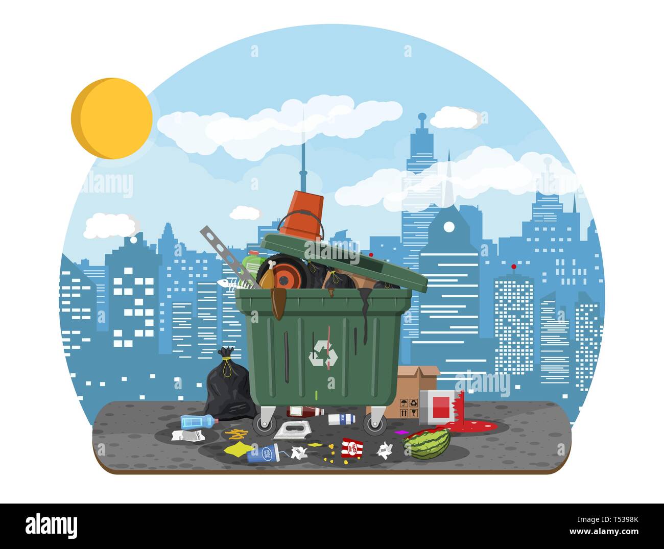 Immondizia di plastica cassone pieno di spazzatura. Traboccante di garbage,  alimentari, frutta marcia, carte, contenitori e vetro. Riciclaggio di  rifiuti e di utilizzazione delle apparecchiature Immagine e Vettoriale -  Alamy