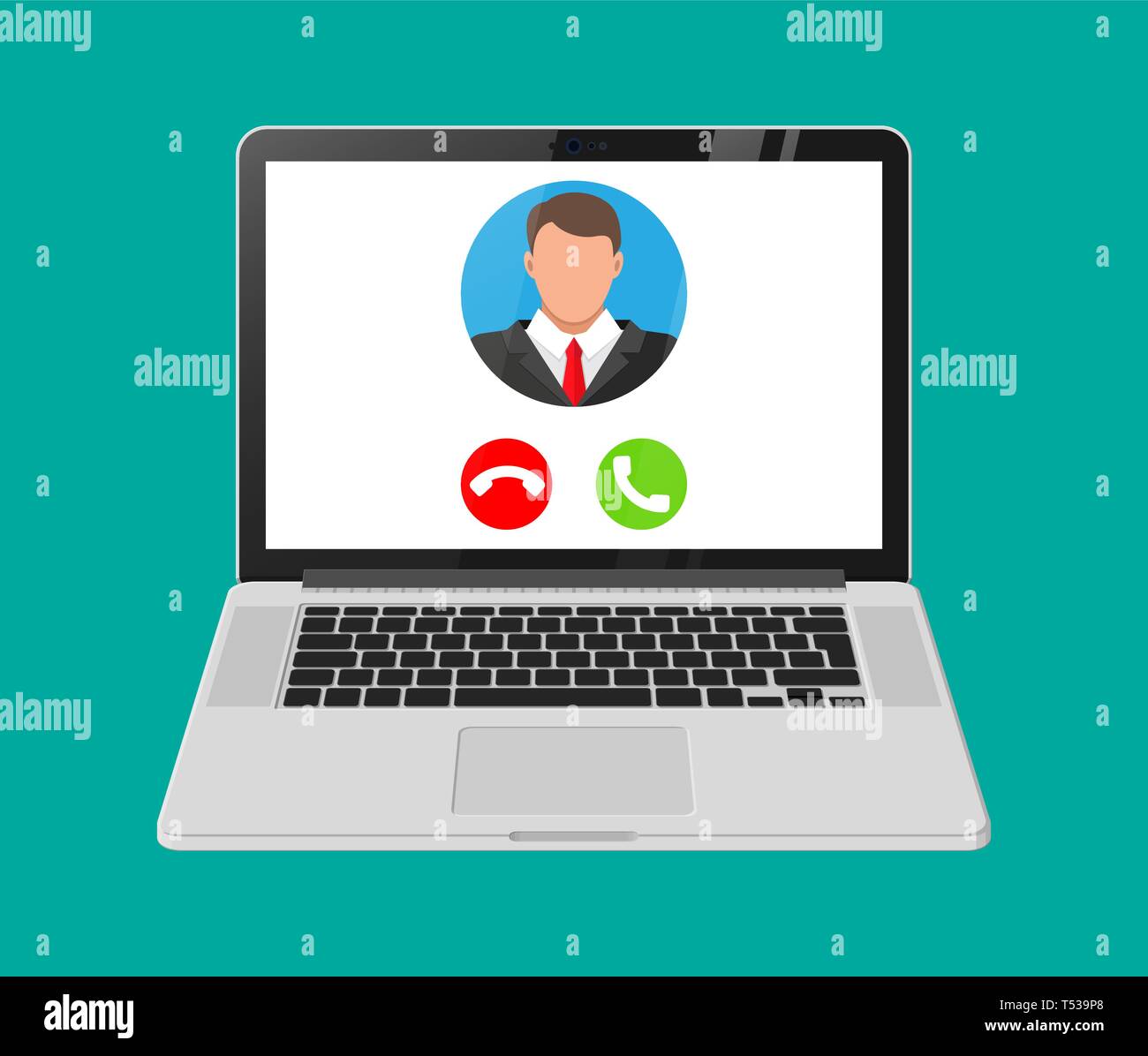 Videochiamata in arrivo sul computer portatile. Foto di un uomo, declino e accettare i pulsanti su schermo del notebook. Incontro Online, videocall, webinar di formazione o. Mal di vettore Illustrazione Vettoriale