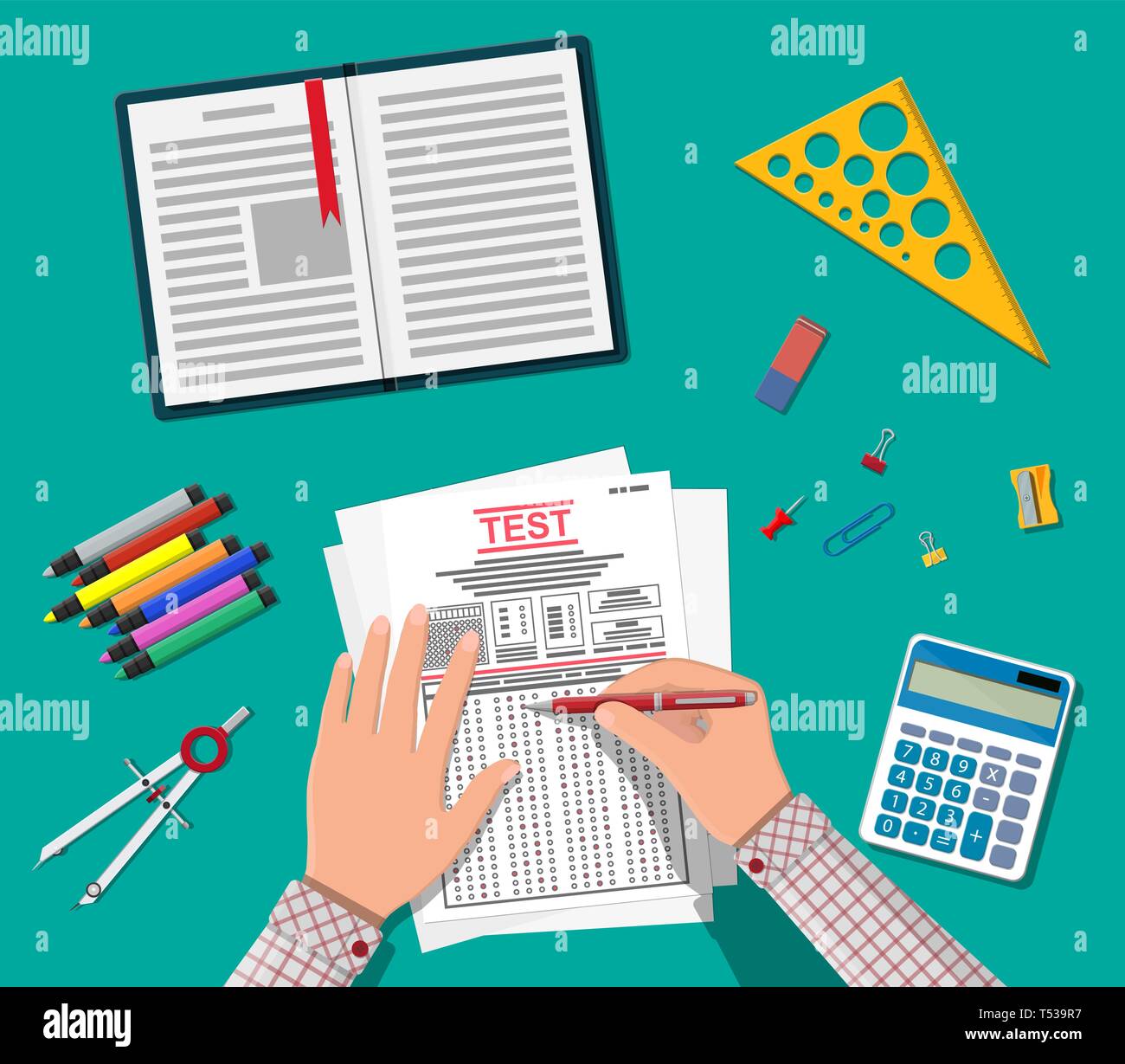 Mani con riempimento penna sondaggio o forme di esame. Risposta quiz Paper, la pila di fogli con la prova di educazione. Lista di controllo o questionario documento. Vector illust Illustrazione Vettoriale