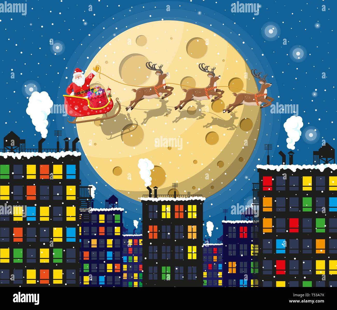 Babbo Natale Sulla Slitta E Le Sue Renne Con La Luna In