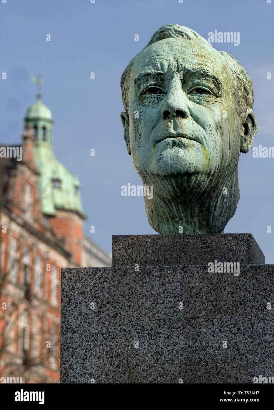 Busto del Presidente Franklin D. Roosevelt situato a Copenhagen, in Danimarca. Foto Stock