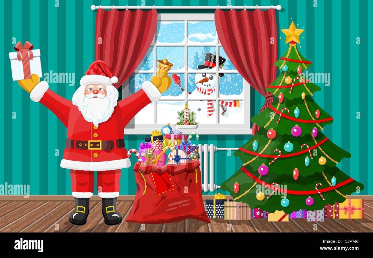 Pupazzo di neve guarda nel soggiorno finestra. Santa in camera con albero di Natale e regali. Felice anno nuovo decoro. Auguri di Buon Natale. Nuovo anno e xma Illustrazione Vettoriale
