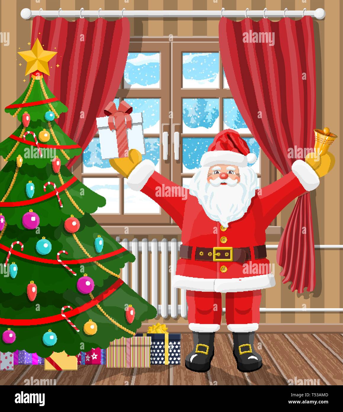 Santa in camera con albero di Natale e regali. Felice anno nuovo decoro. Auguri di Buon Natale. Nuovo anno e la celebrazione del Natale. Illustrazione Vettoriale fl Illustrazione Vettoriale