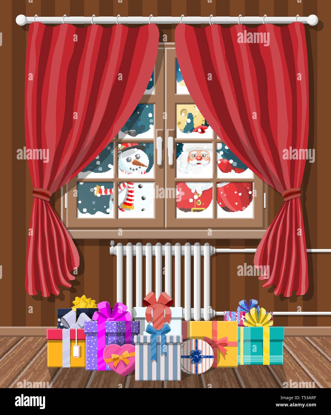 Santa e il pupazzo di neve guarda nel soggiorno finestra. Scatole di regali. Felice anno nuovo decoro. Auguri di Buon Natale. Nuovo anno e la celebrazione del Natale. Vettore Illustrazione Vettoriale