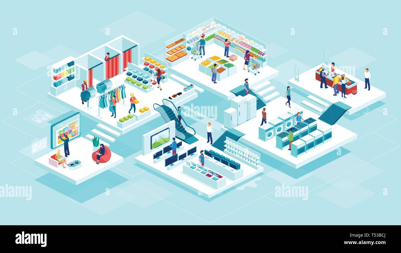 Vettore isometrica di persone uomini e donne gli acquisti al supermercato e acquistare prodotti beni di consumo Illustrazione Vettoriale