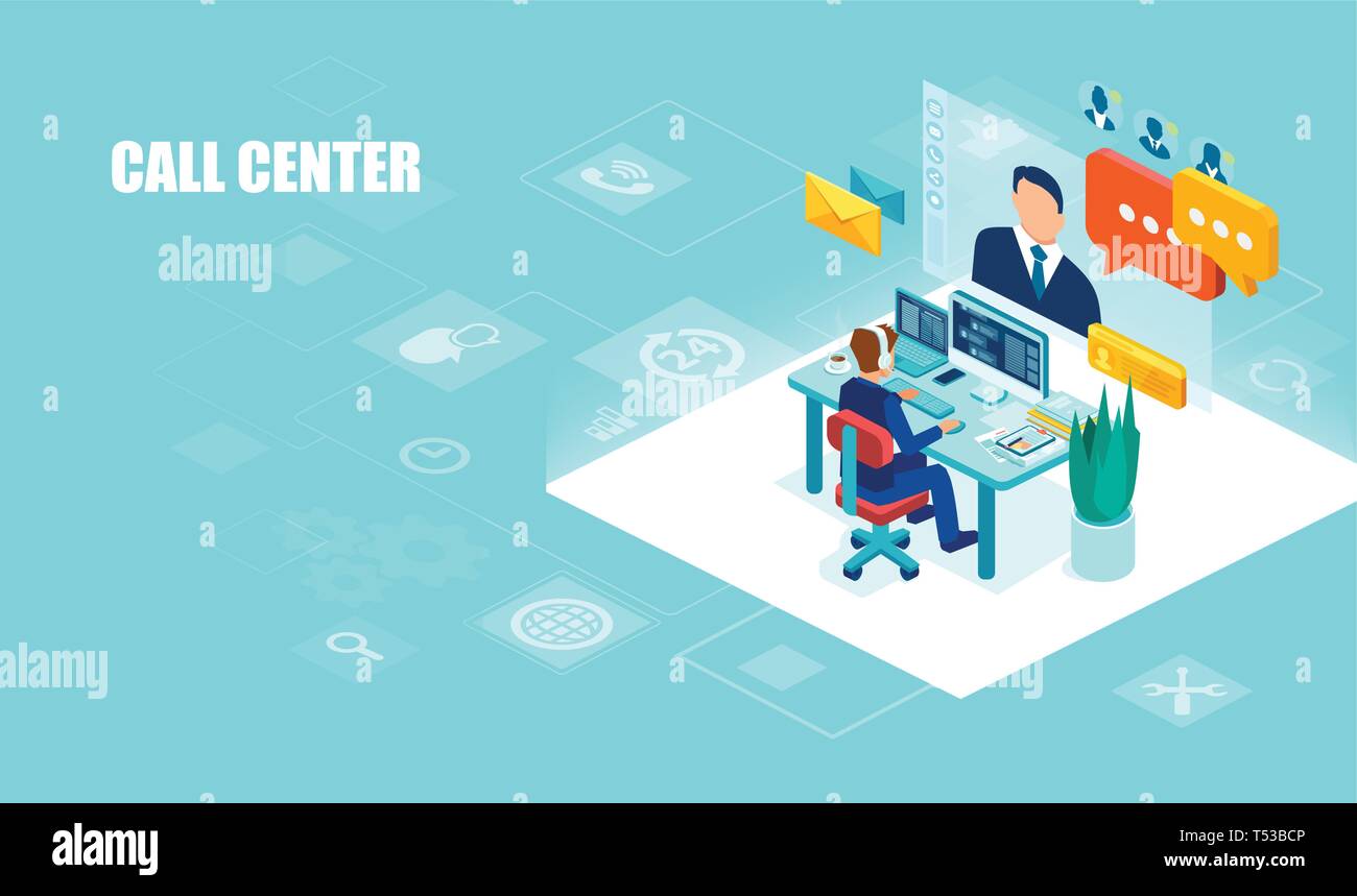 Call center e il supporto tecnico di concetto. Vettore di un operatore maschio con cuffia lavora in ufficio ad assistere un cliente Illustrazione Vettoriale