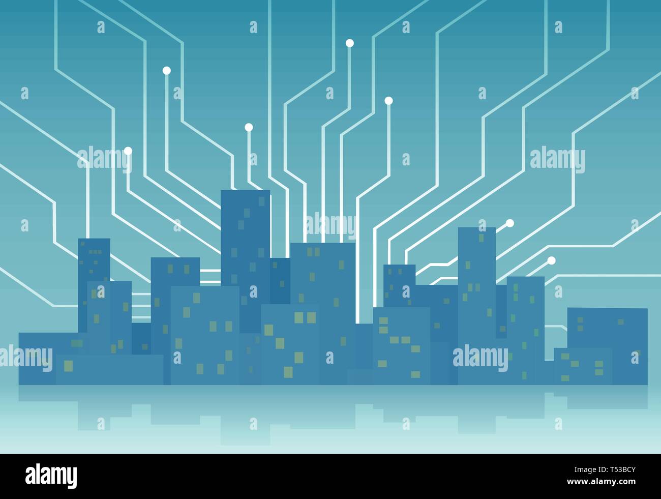 Smart city concetto. Template vettoriale con grattacieli skyline controllate e collegate tra loro da una moderna tecnologia digitale. Illustrazione Vettoriale