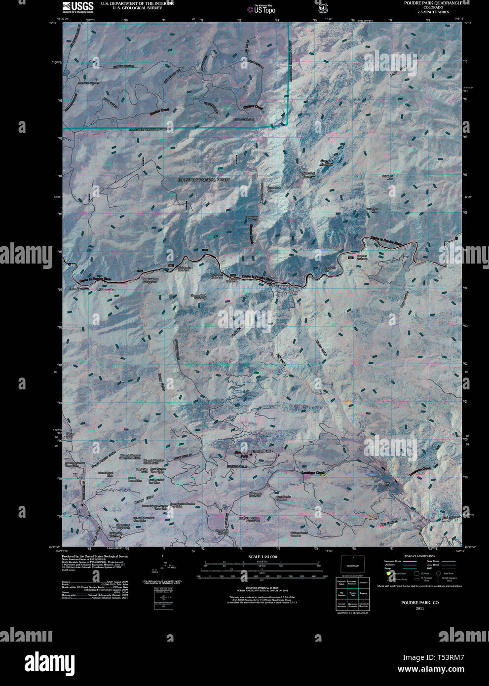 USGS TOPO Map Colorado CO Poudre Park 20110105 TM restauro invertito Foto Stock